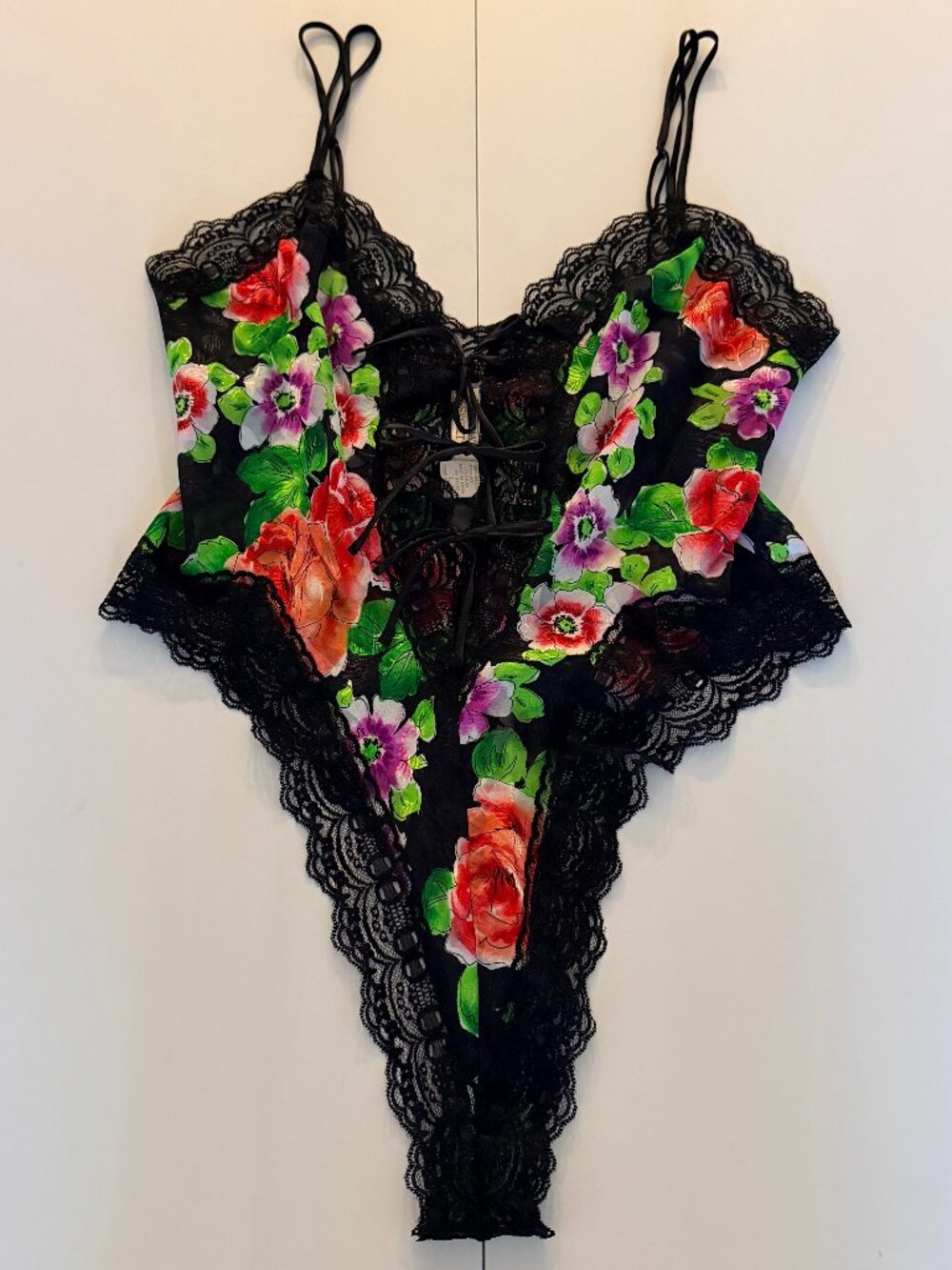 Vtg 80s Victoria Secret GOLD LABEL Floral Lace Teddy Coquette Dk Romantic L NWT
